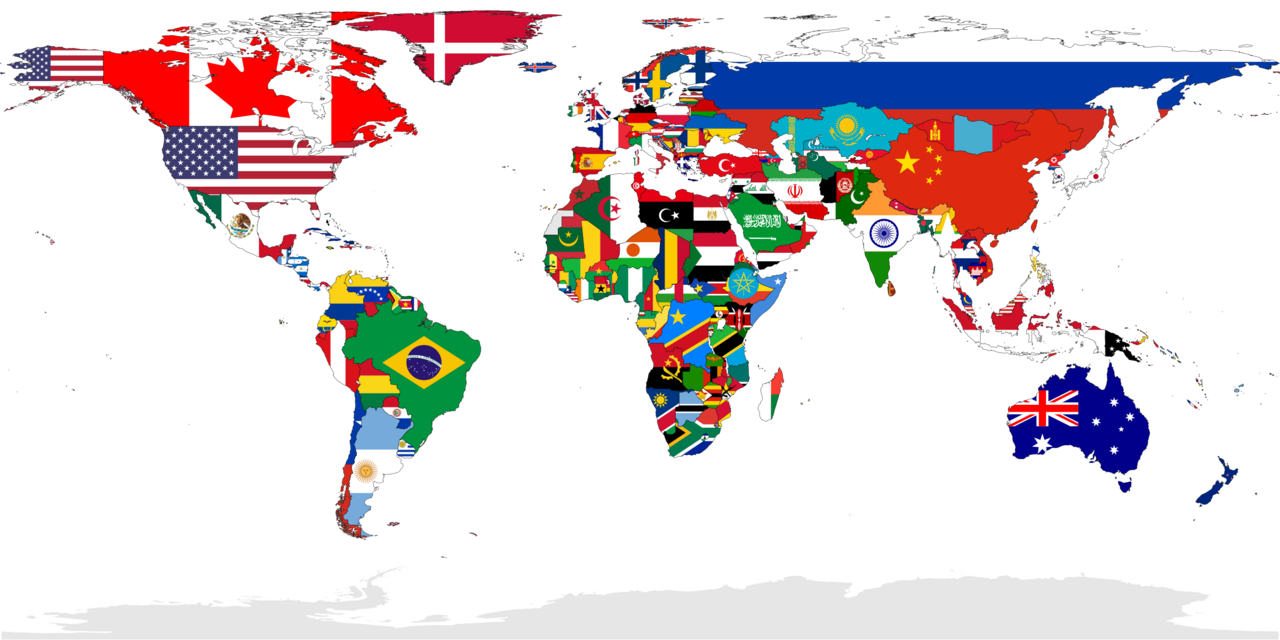 A world map with countries and flags